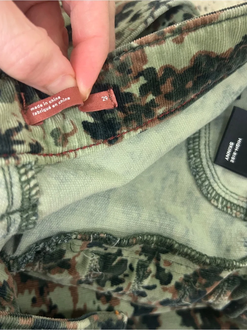 Anthropology Pilcro, corduroy Green Camouflage Skinny Jeans